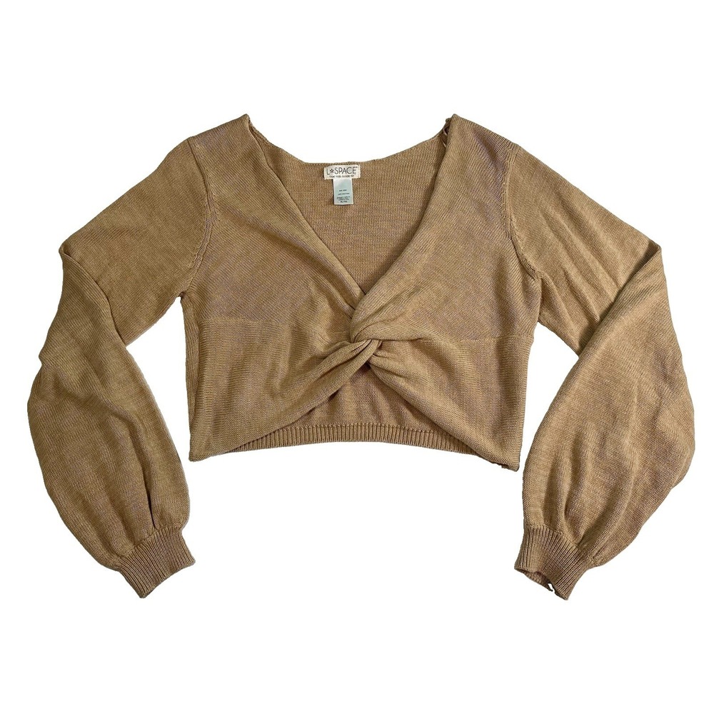 L*Space Women's XL Crop Sweater Siren Cotton Knit Twist Front Tan Brown Boho